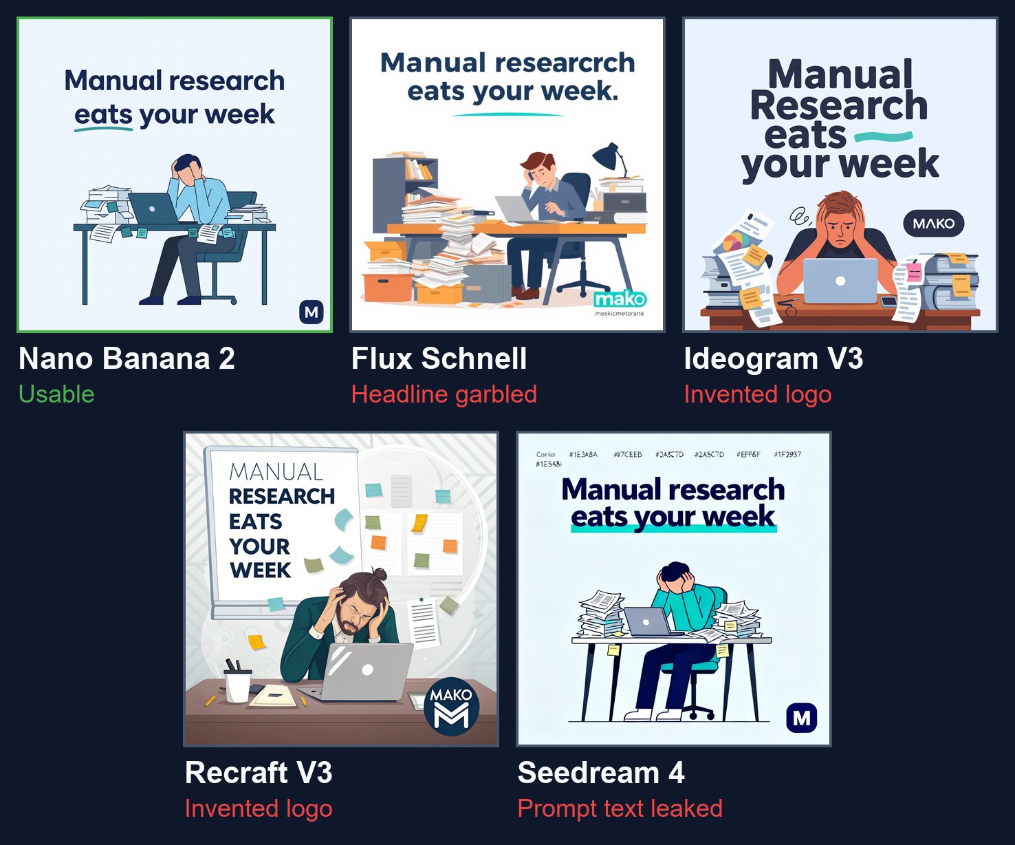 The same Facebook ad concept generated by Flux Schnell, Nano Banana 2, Ideogram V3, Recraft V3 and Seedream 4; only the Nano Banana 2 version is usable