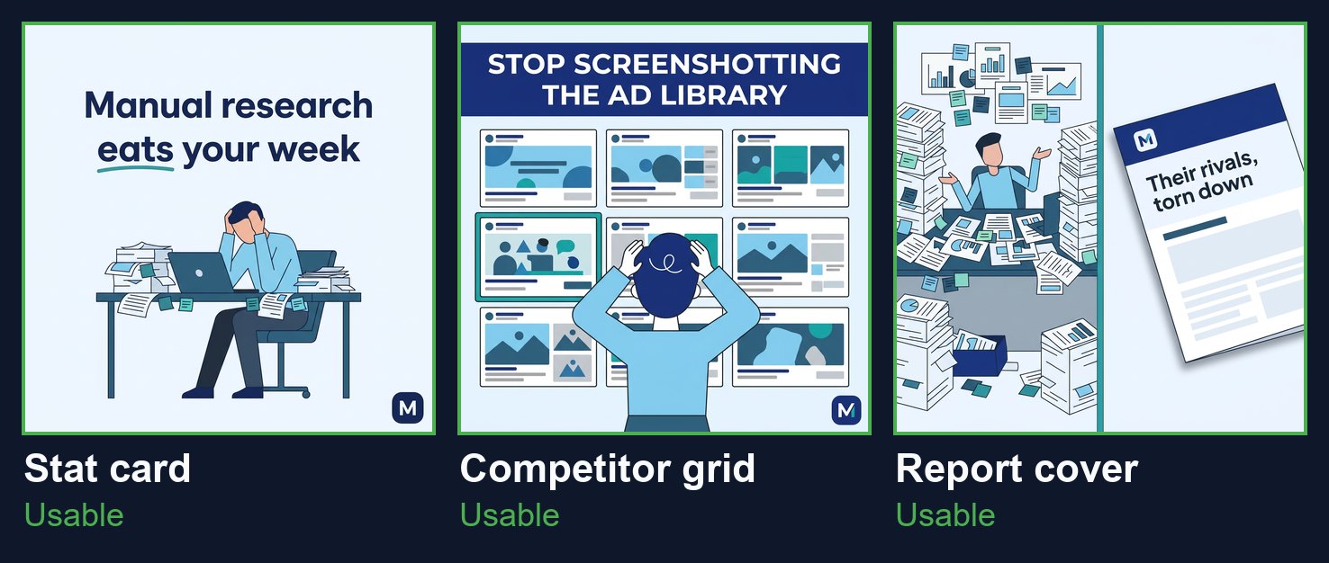 Three usable Facebook ad creatives generated by Nano Banana 2 from a prompt alone: a stat card, a competitor grid, and a report cover