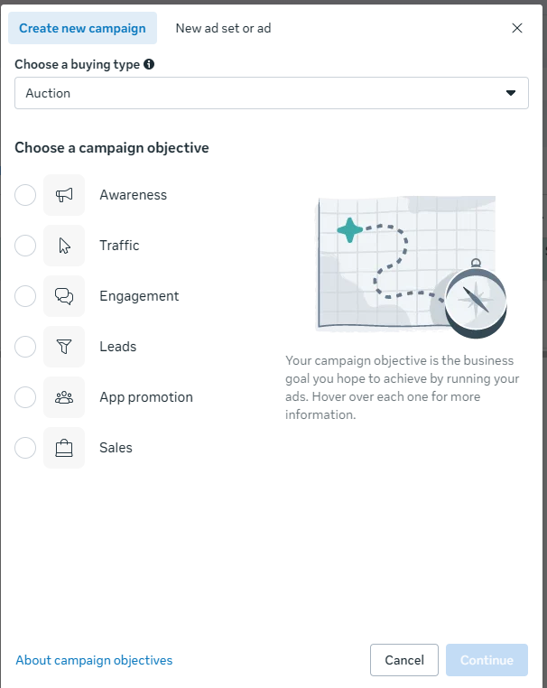 Meta Ads Manager campaign objective selection screen.