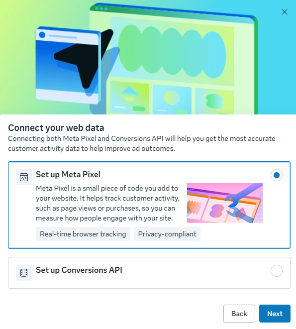 Create a Pixel modal in Meta Events Manager with name field and website URL field.