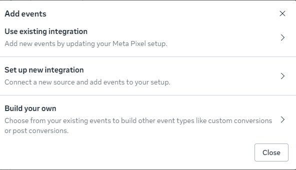 Meta Events Manager Add Events screen showing the standard events list with event parameter fields.
