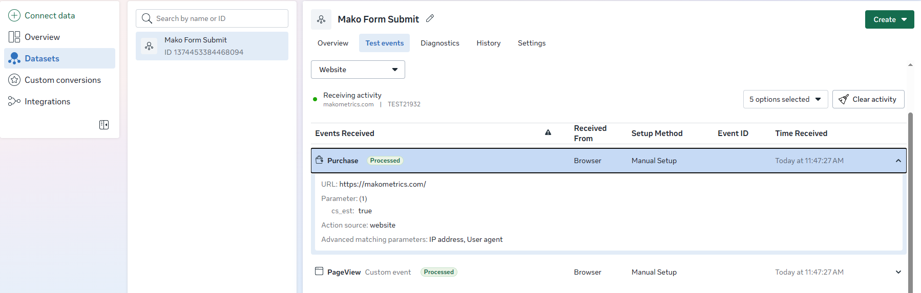 Meta Events Manager Test Events tab showing a Purchase event with parameters and Event Match Quality score.