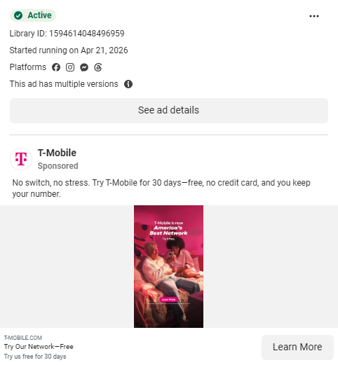 T-Mobile Meta ad featuring influencer creative with Learn More CTA. Source: Meta Ad Library, Library ID 1832128194120948.