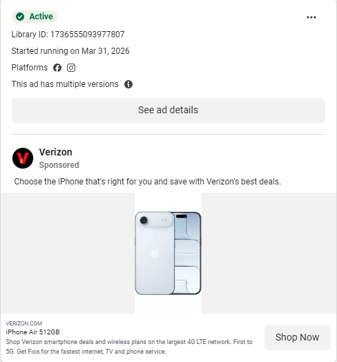 Verizon Meta ad promoting iPhone Air 256GB with Shop Now CTA. Source: Meta Ad Library, Library ID 1736555093977807.