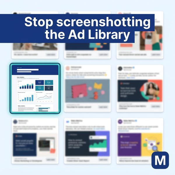 Generated Meta ad with the headline Stop screenshotting the Ad Library over a grid of ads