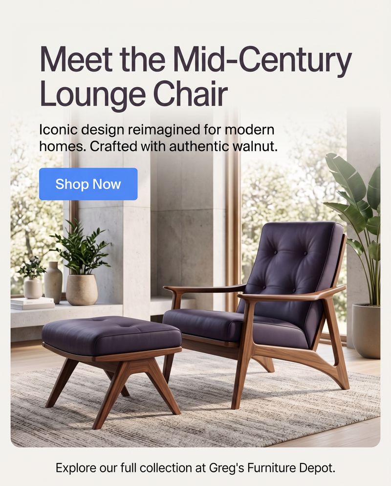 Generated Meta ad: a walnut mid-century lounge chair and matching ottoman in a sunlit room, headline Meet the Mid-Century Lounge Chair