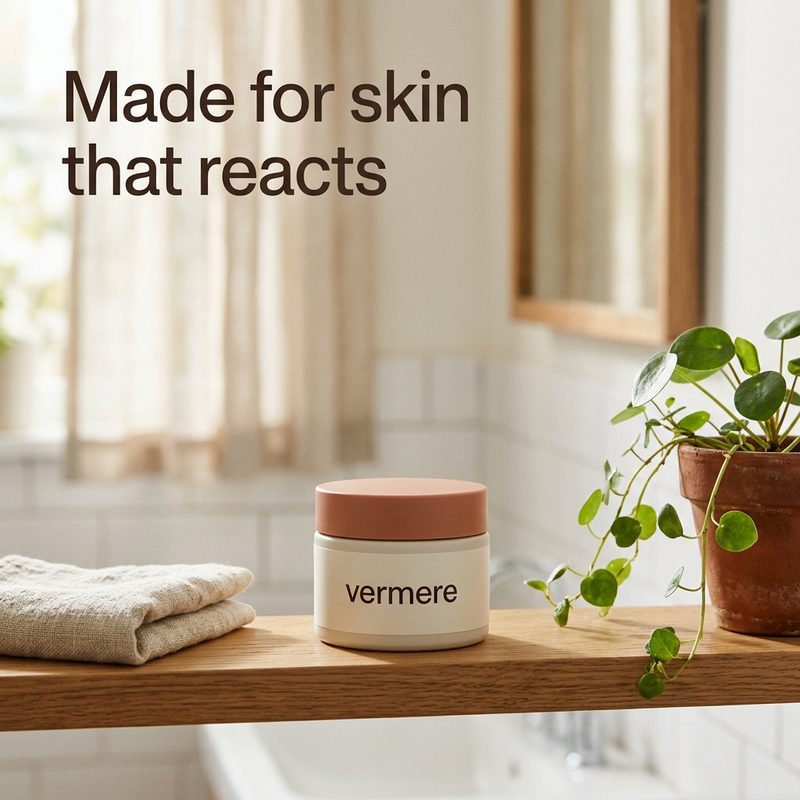 Generated Meta ad: the jar on a bathroom shelf, headline Made for skin that reacts